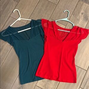 Express Fitted Cap Sleeve Blouses Green and Red